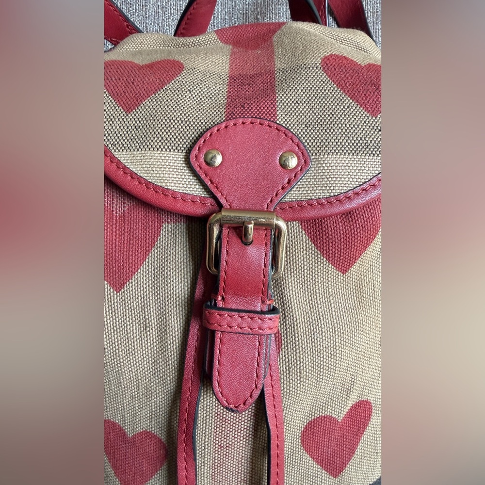 Burberry Beige Canvas Backpack with Red Heart Print and Red Leather Trim - Picture 3 of 16
